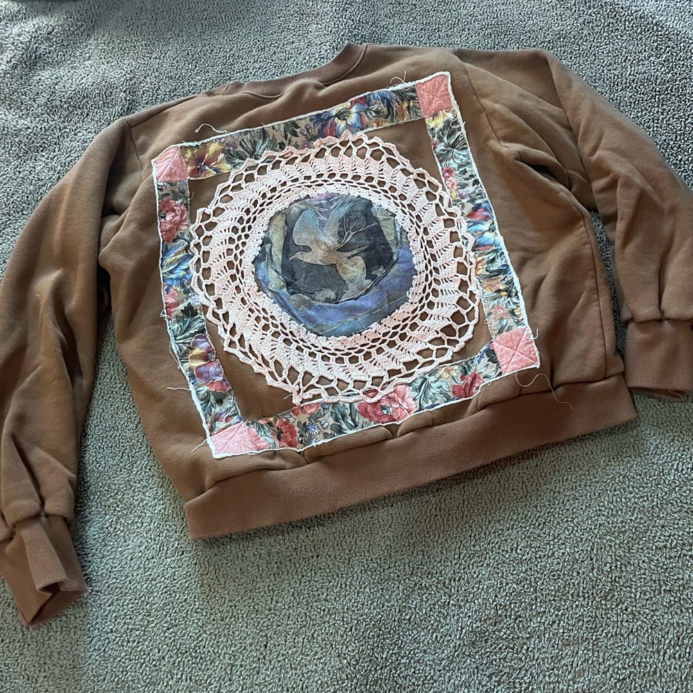 Brown Upcycled Sweatshirt with Crochet and Floral Patchwork